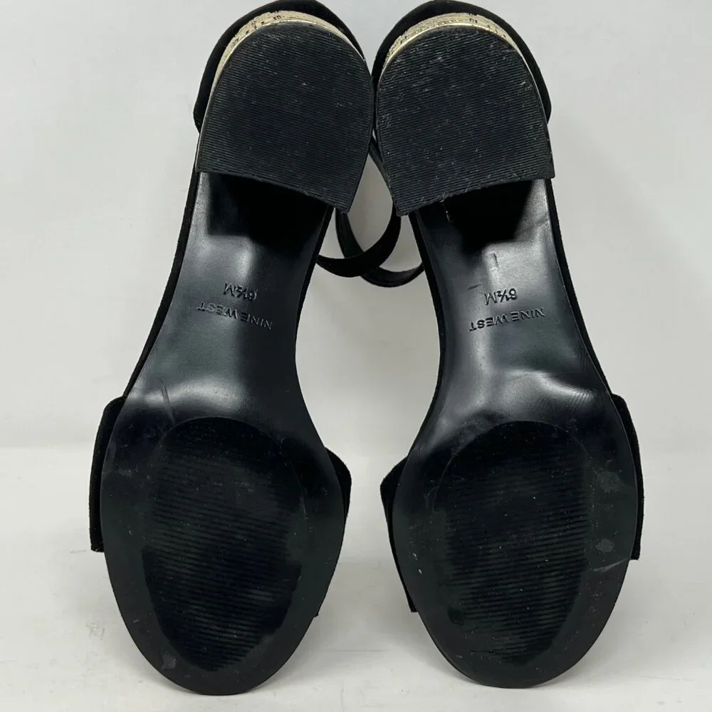 Nine West‎ Black Faux Suede Ankle Strap Gold Design Block Heels Size 6.5M